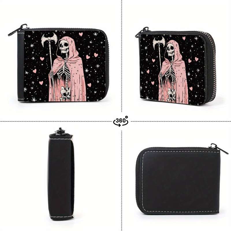 1pc Grim Reaper Pink Skull Print Wallet with 9+2 Card Slots C Stylish Zippered Purse for Everyday U