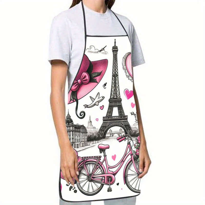 1pc Paris Theme Sleeveless Polyester Apron with Pink Accents Romantic Eiffel Tower Vintage B