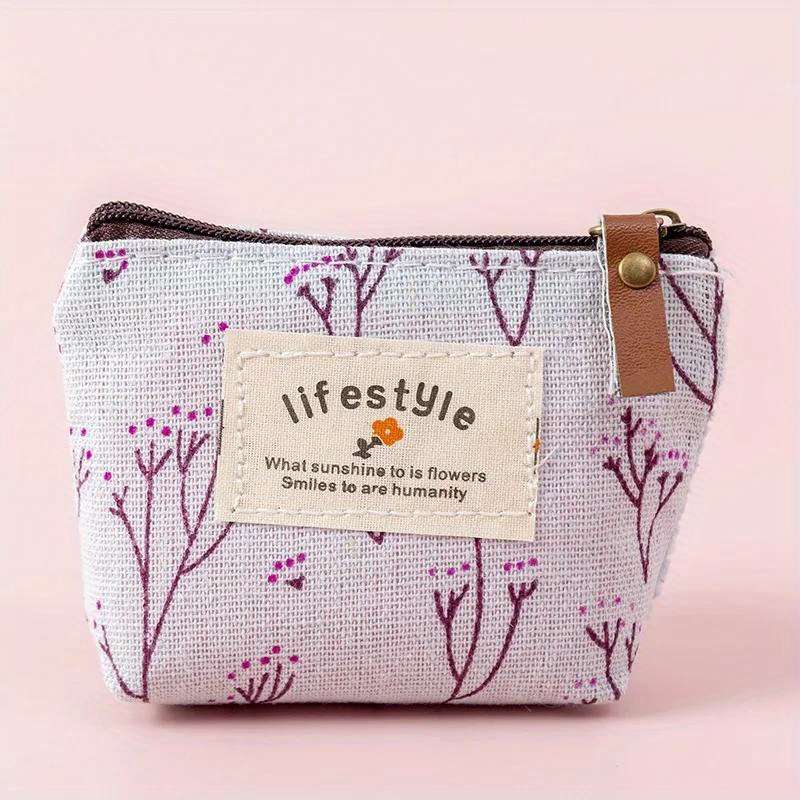 1pc Chic Floral Canvas Coin Purse Key Pouch Compact Zippered Wallet with Earphone Storage Ligh