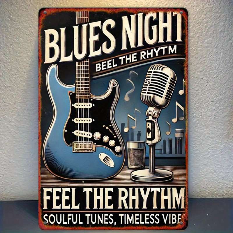 1pc Vintage Blues Night Feel the Rhythm Soulful Tunes Timeless Vibe Metal Wall Sign with Elec