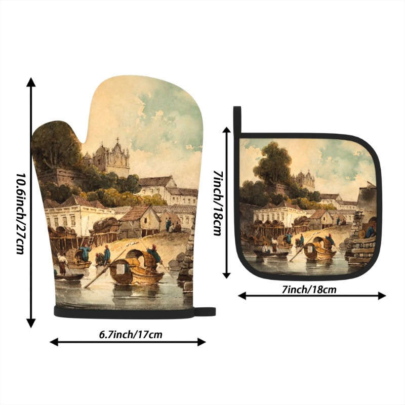 2pcs Heat-Resistant Oven Mitts with Charming Small Town Life Design 26.92x17.02 cm Polyester