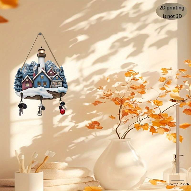 Bohemian Lighthouse and Snowy Cabin Wooden Key Holder with 3 Metal Hooks Charming Wall-Mounted Sto