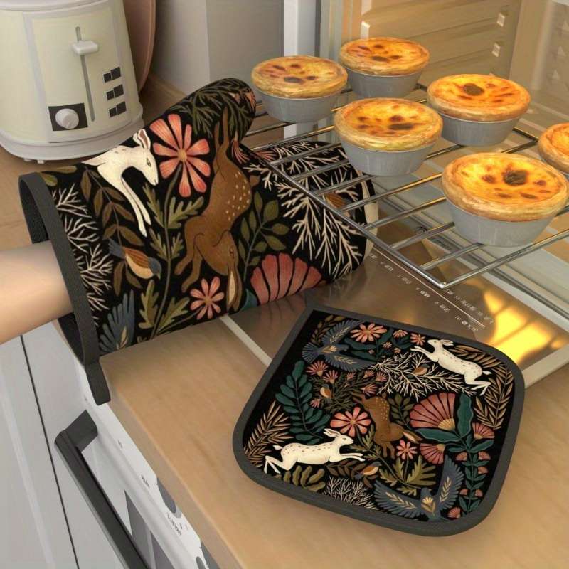 2pcs 26.92x17.02 cm Oven Mitts Pot Holders Rabbit twig flower Heat Resistant Oven Mitts And Pot