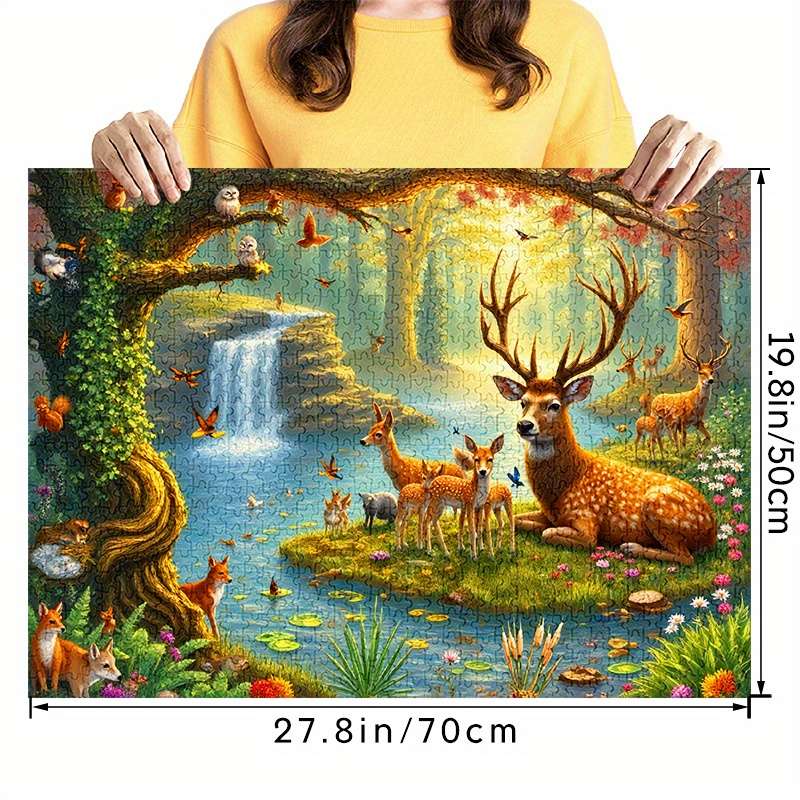 1000pcs Forest Deer Jigsaw Puzzle Scenic Nature Art with Deer Birds Waterfall