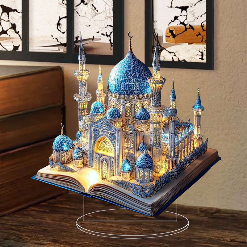 1pc 2D Flat   Acrylic Flat Mosque Model Elegant Blue Golden Mosque Design for Home Party D