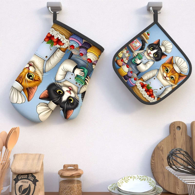 2pcs Cute Cat Chef Oven Mitts Heat Resistant 10.6x6.7 Inch Polyester Kitchen Gloves for Cook
