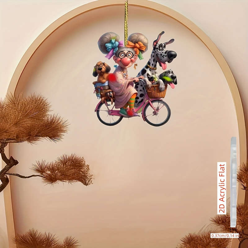 1pc 2D Flat    Acrylic Charming Grandma Riding Bicycle with Dogs Rearview Mirror Decoration P