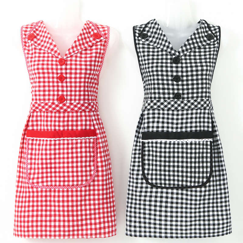 1pc Stylish Gingham Apron with Collar Red White or Black White Plaid Pattern Adjustable