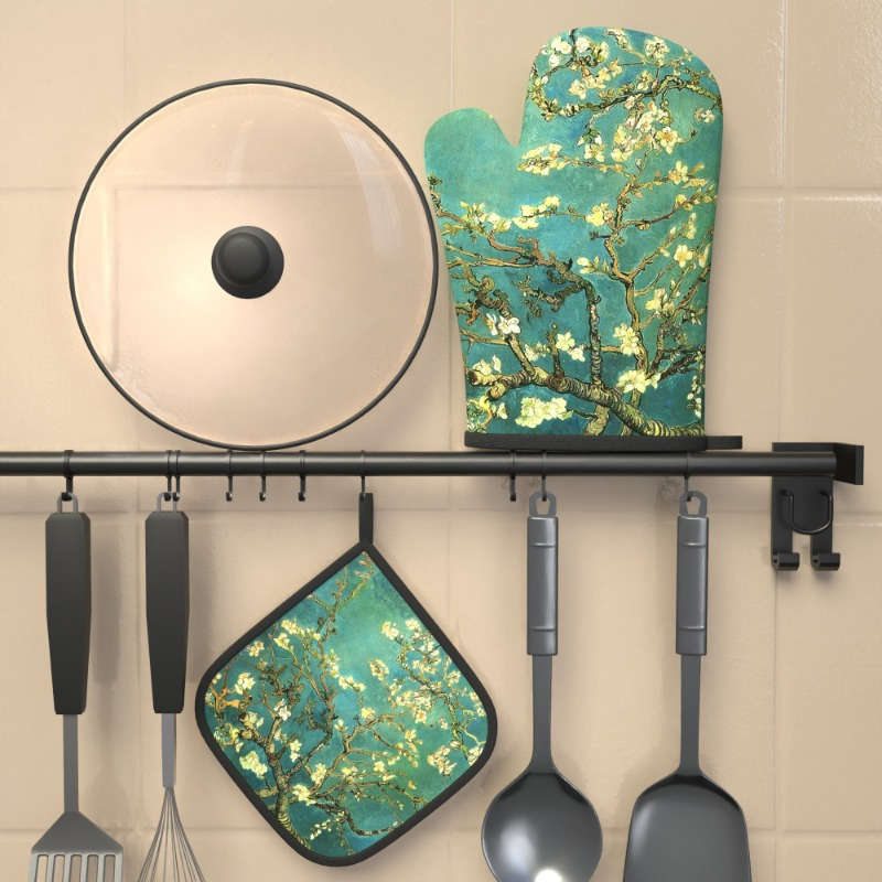 2pcs Blooming Almond Tree Branches Oven Mitt Set Heat Resistant Polyester Kitchen Gloves and P