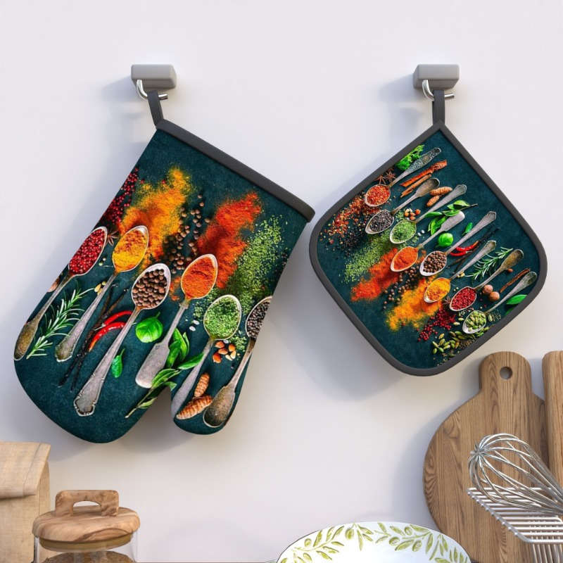 2pcs HeatGuard Kitchen Oven Mitts and Potholders Set Colorful Spices and Herbs Design 100% Po