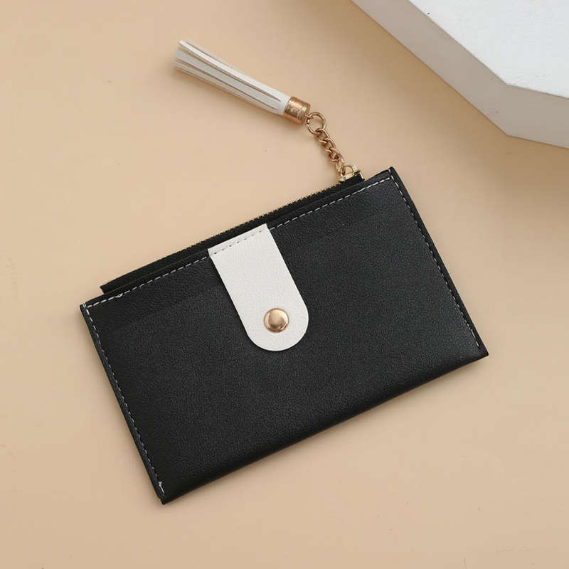 1pc Sleek Black Zipper Card Holder with Multiple Slots Tassel Charm Golden-Tone Accents C Li