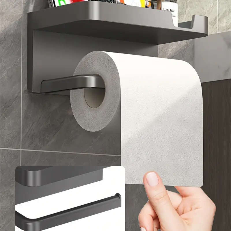 1pc Easy-Install No-Drill Stainless Steel Toilet Paper Holder with Phone Shelf Wall Mounted Space-Sa