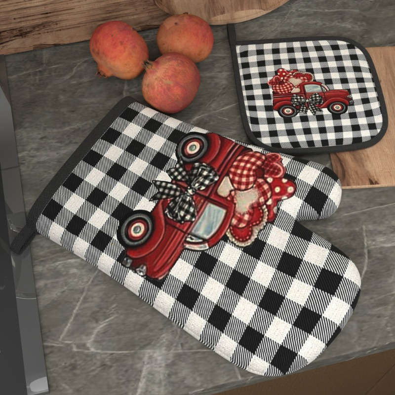 2pcs 26.92x17.02 cm Oven Mitts And Potholders Happy Valentine's Day Black and white checkered T