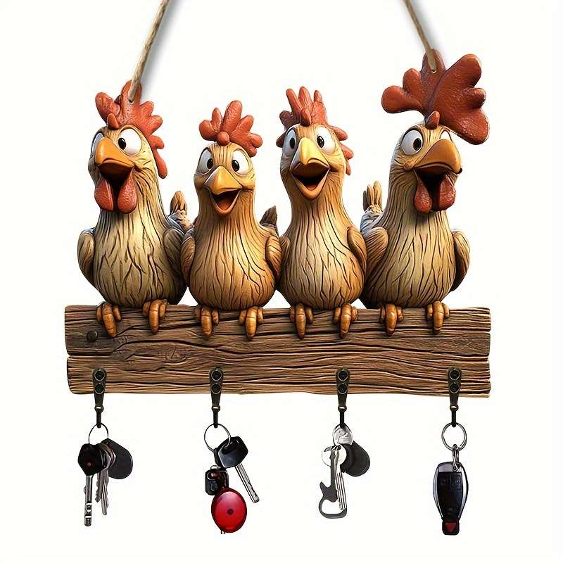 Charming Cartoon Hen Wooden Key Holder with 4 Metal HooksRustic Wall Art for Home Porch  Room D