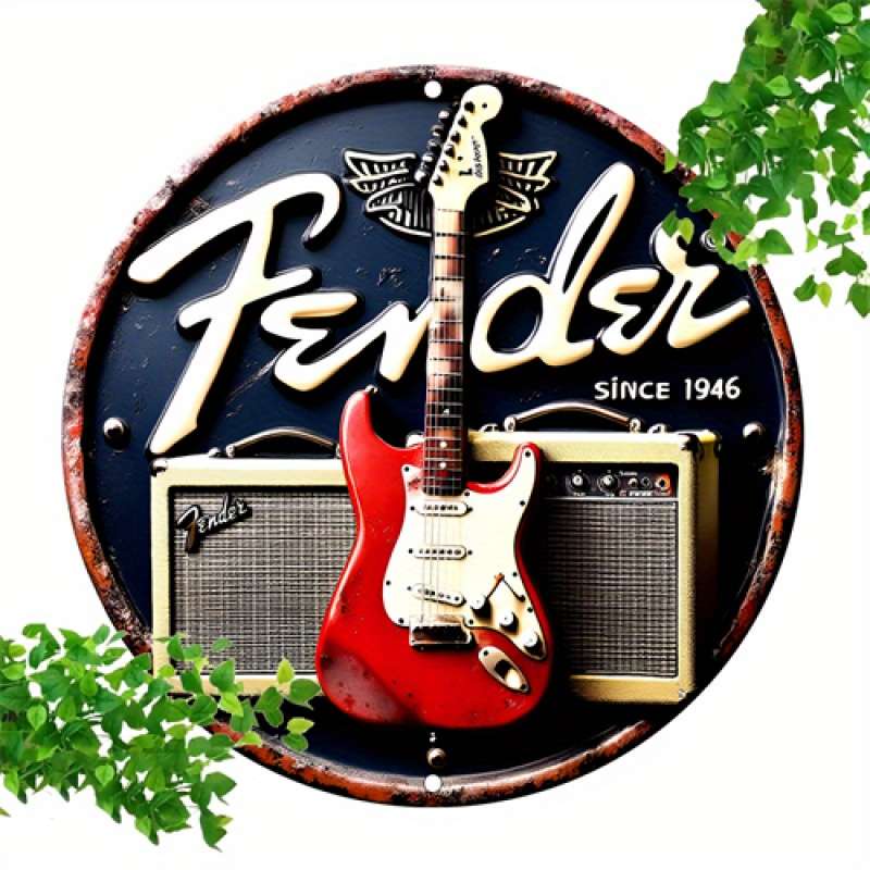 1pc  Vintage Fender Guitar Metal Tin Sign 20.32x20.32 cm Round Aluminum Wall Art Retro Music T
