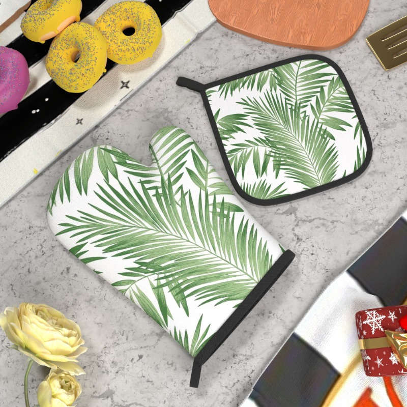 2pcs Summer Green Leaves Oven Mitts Pot Holders Set 26.92x17.02cm Heat Resistant Machine W