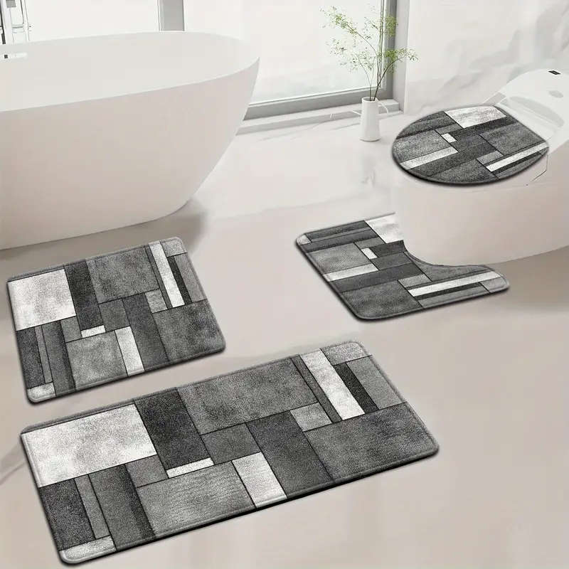 4-Piece Stylish Simple Grey Geometric Pattern Bathroom Mat Set