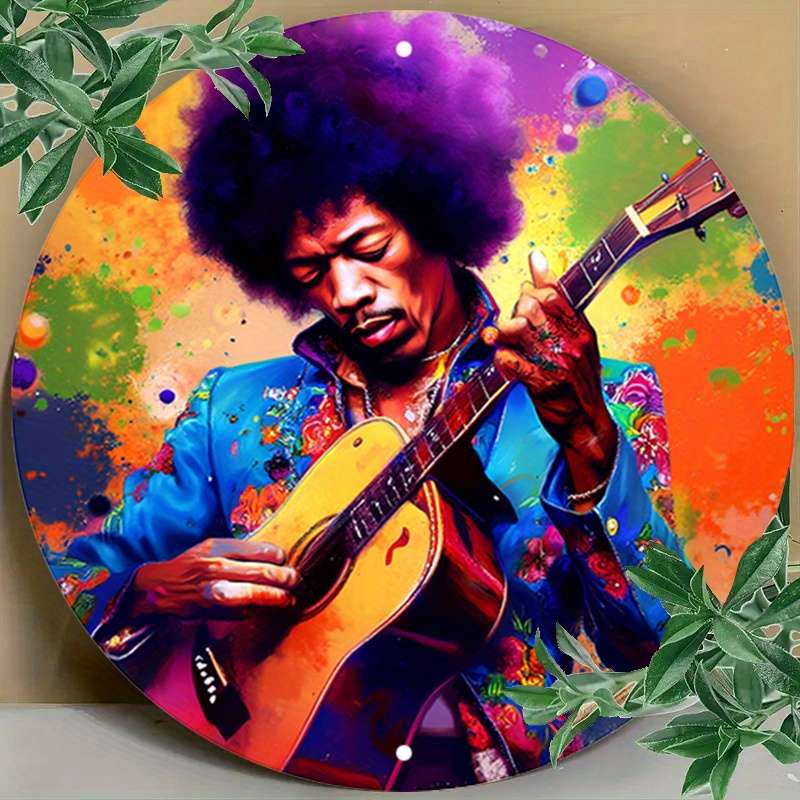1pc Vibrant Jimi Hendrix-Inspired Metal Wall Art Round Decor Sign with Splattered Paint Design 1