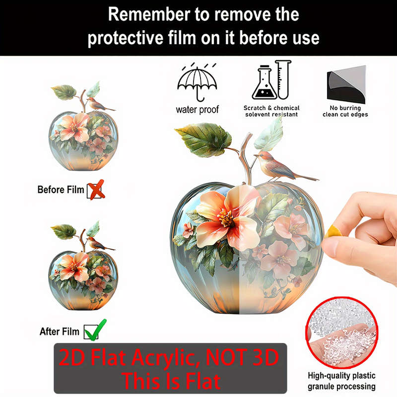 1pc 2D Flat   Boho Style Acrylic Apple Decorative Figurine with Floral and Bird Design Versatil