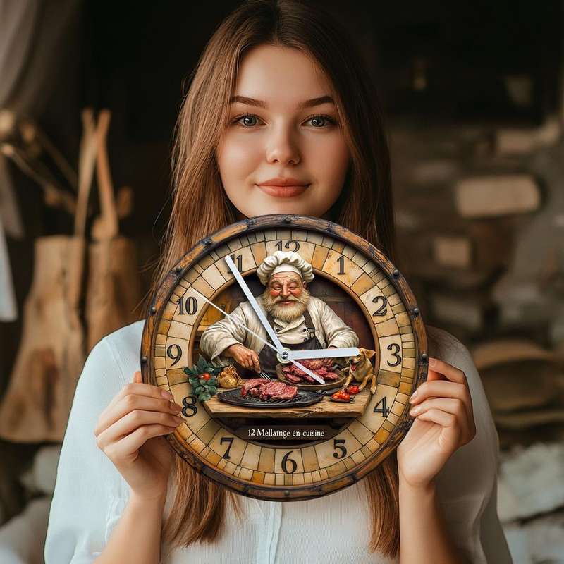 1pc Vintage Chef-Themed Wooden Wall Clock 24.89cm Round Silent Non-Ticking Timepiece Farmhouse Ki