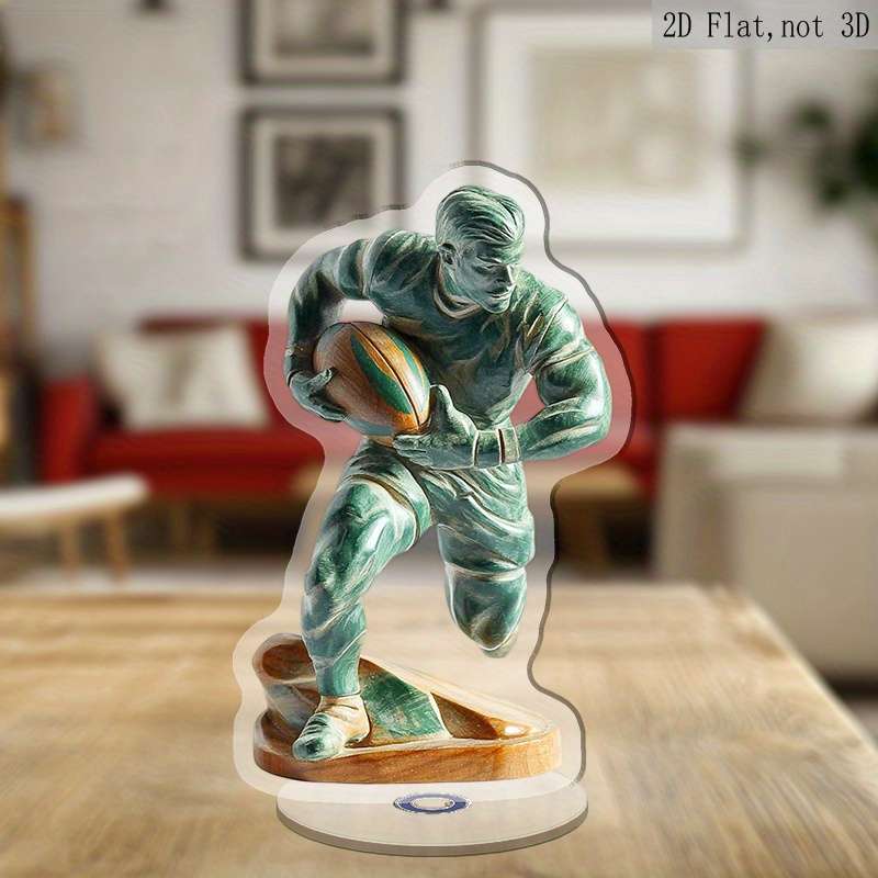 1pc 2D Flat  Acrylic  Rotatable Rugby Player Figurine Green Sports-Themed Stress Relief Desk Dec