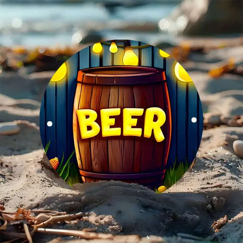1pc BEER-Themed Neon Light-Up Barrel Wall Art - 19.81cm Round Aluminum Sign with Vibrant Colors Dura