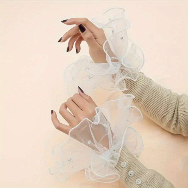 1 Pair Black Beaded Lace Cuff Gloves