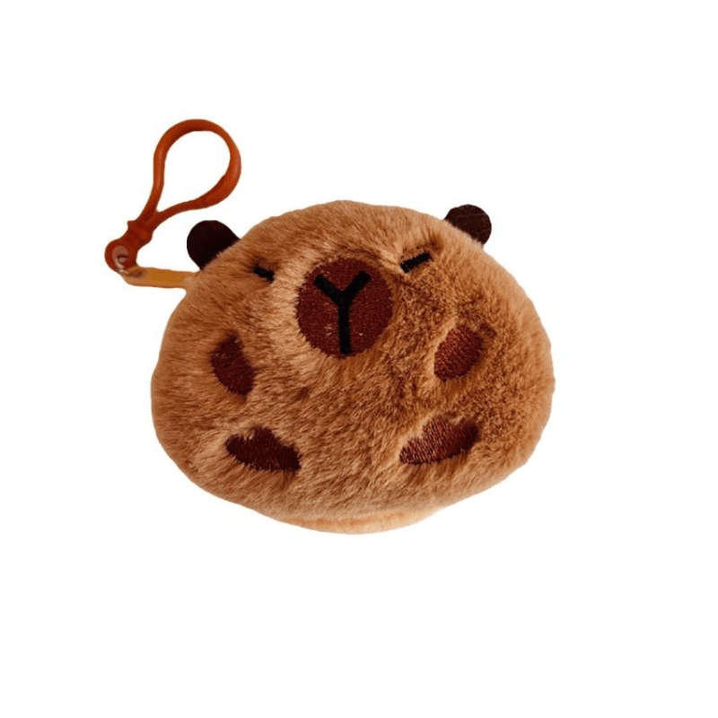 1pc Cute Capybara Round Plush Coin Purse with Keychain Adorable Brown Faux Fur Keychain Wallet P