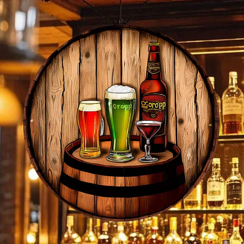 1pc Vintage Pub-Themed 20.32x20.32cm Round Aluminum Sign Rustic Beer Barrel Scene Wall Art Durable M