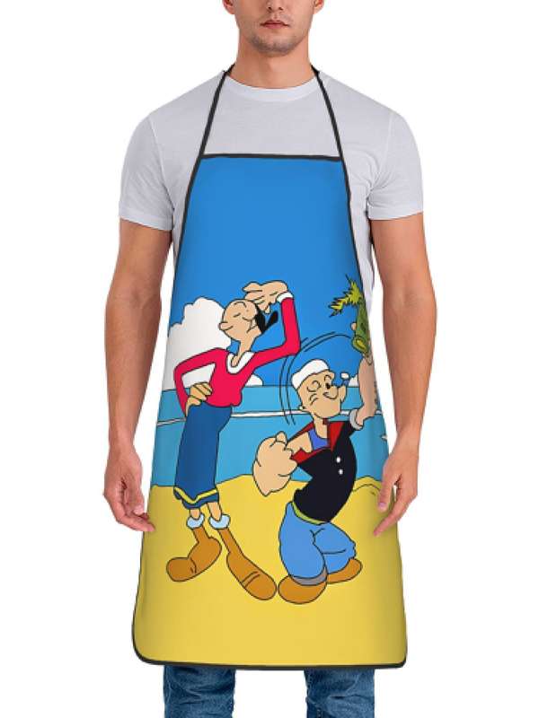 1pc Strong Man Cartoon Printed Polyester Apron Sleeveless Durable Kitchen Cleaning Apron