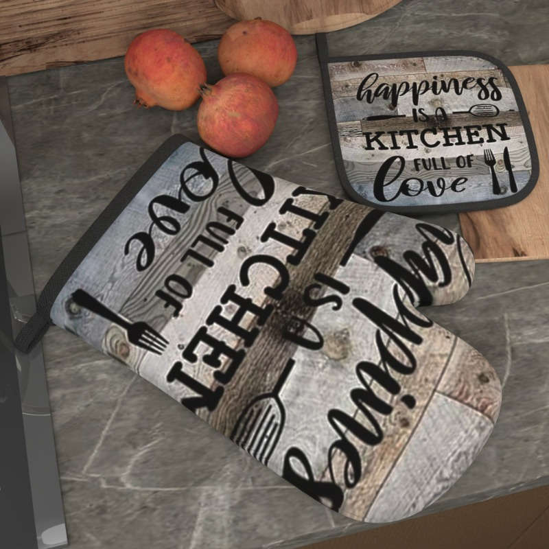 2pcs Heat Resistant Oven Mitts 2pcs Rustic Wooden Design Polyester Oven Mitts and Pot Holders