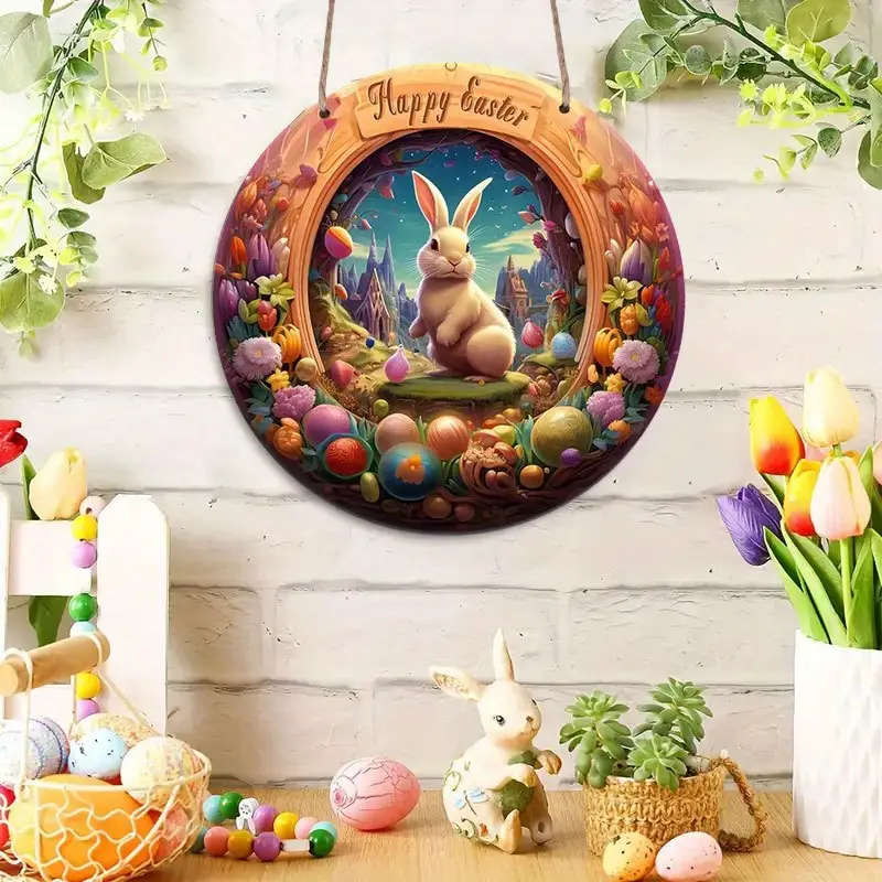 1pc Happy Easter Floral Round Wooden Sign Perfect for Outdoor Home Office Bar Kitchen Decor Gift for