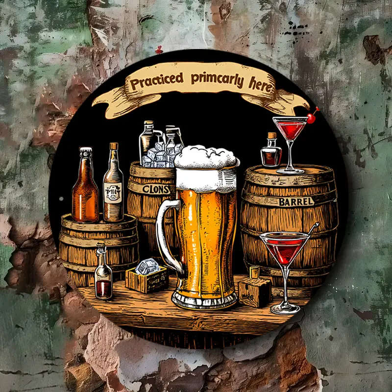 1pc Room Decor Practiced Primarily Here Round Aluminum Sign 20.32x20.32 cm Vintage Pub Decor Flat Pr