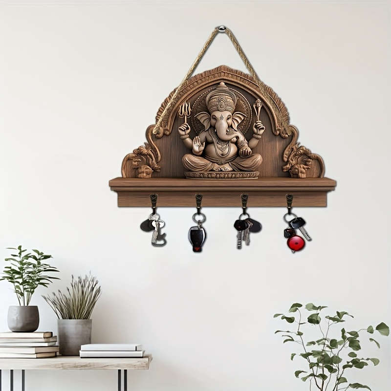 2D Flat One Piece Ganisa Minimalist Style Colorful Wooden Key Holder with Four Metal Hooks(30.0cm