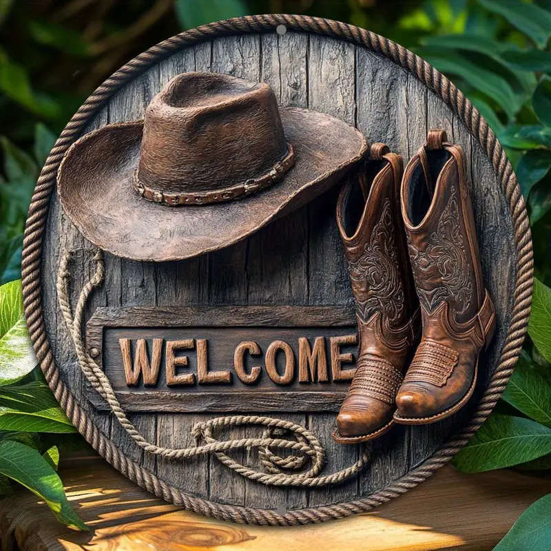 1pc Classic Western Cowboy Boots Hat Welcome Sign 20.32x20.32cm Round Aluminum Wall Hanging Decorati