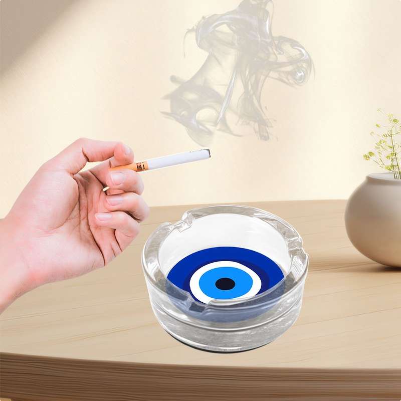 1pc Round Glass Ashtray with Blue White Black Eye Design Modern Artistic Desktop Decor for Office