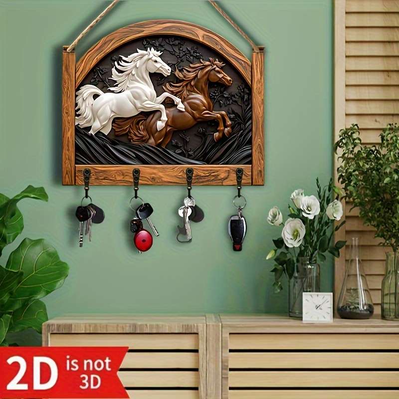 2D Flat 1pc Galloping Horse Simple Colorful Wooden Key Rack with Four Metal Hooks Wall Decoration