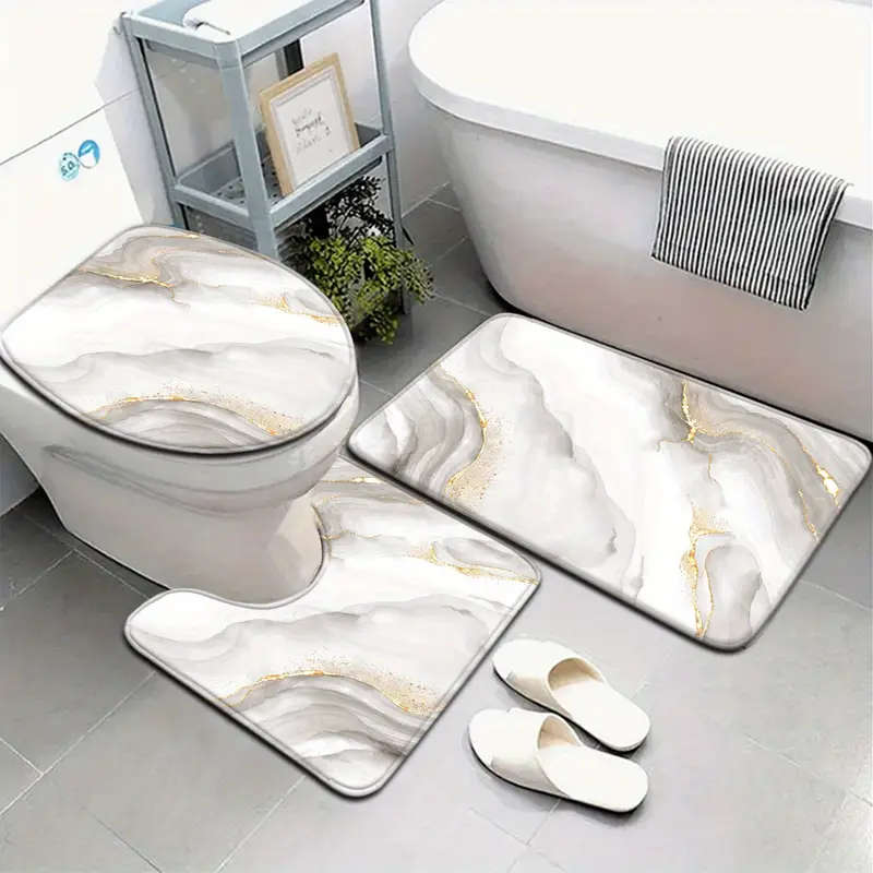 3-Piece White Marble Bathroom Mat Set