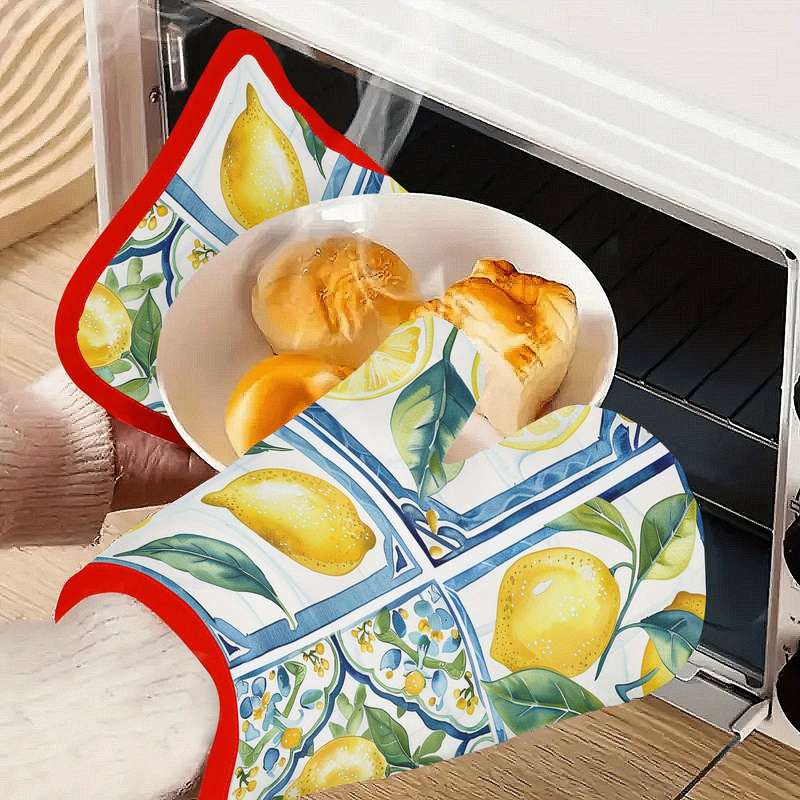 2pcs Lemon Fresco Oven Mitts Pot Holders Thickened Silicone Heat Resistant Cooking Gloves w