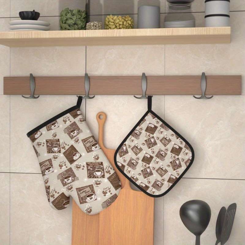 2pcs Coffee Time Oven Mitts Potholders Heat-Resistant Machine Washable Polyester with Fun