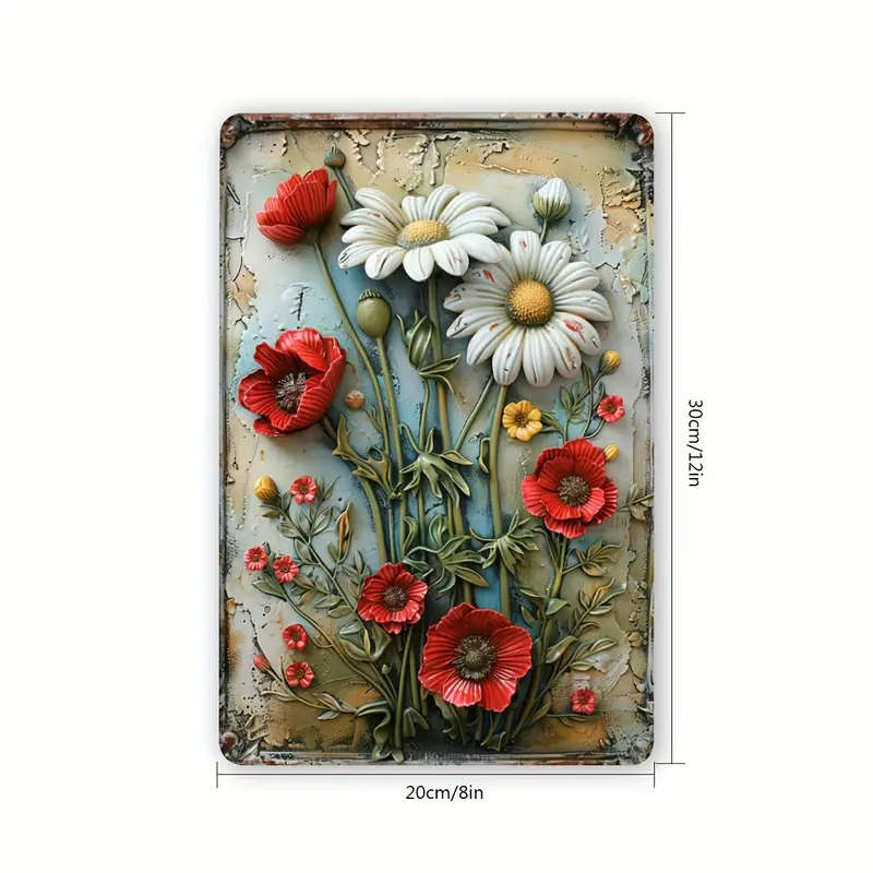 1pc Vintage Floral Iron Wall Art 29.97x19.81cm Retro Daisy Metal Plaque with 3D Embossed Design Rust