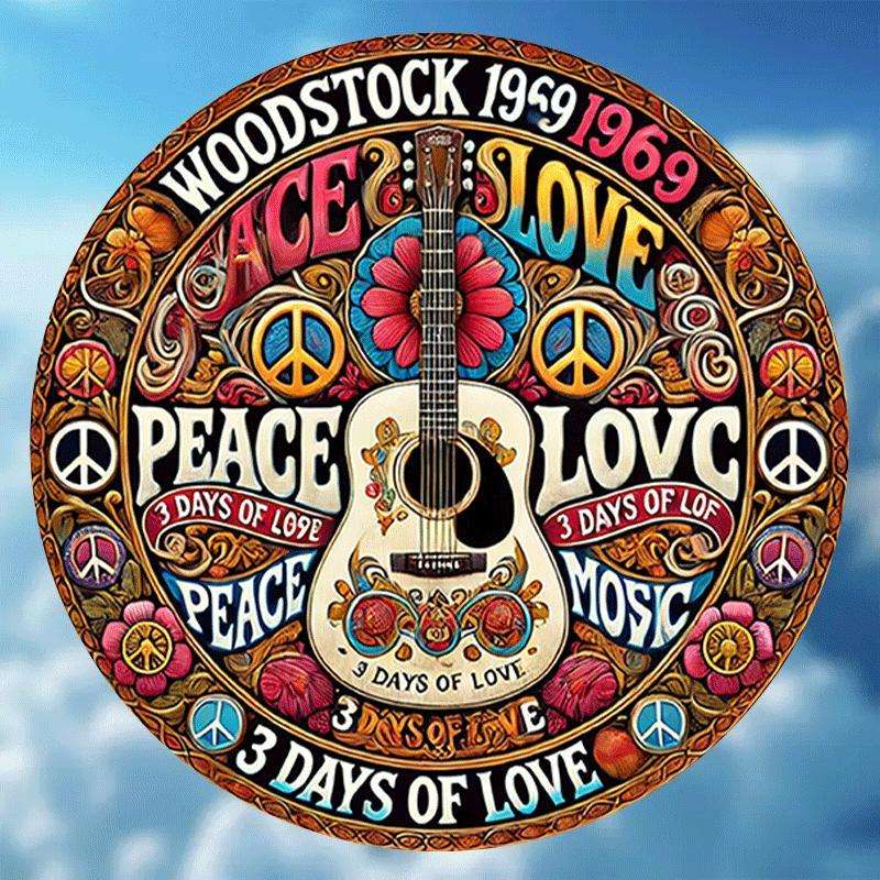1pc 2D Plane  Woodstock 1969 Peace and Love 8-inch Metal Plaque Retro Iron Wall Art Classic
