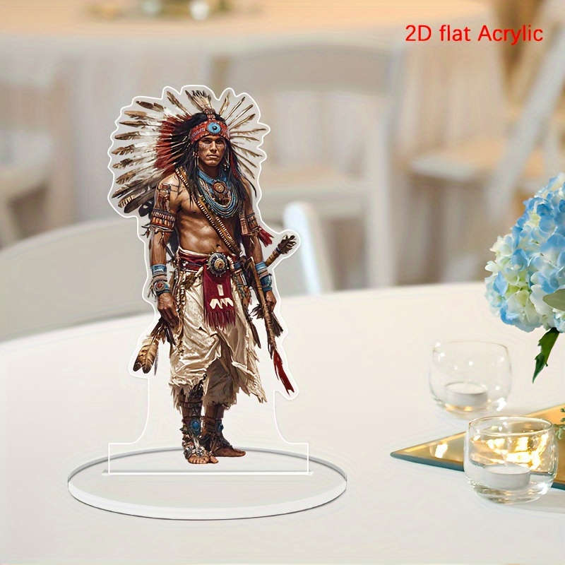1pc 2D Flat   Acrylic Native American Warrior Desktop Decor with Stand Traditional Headdress
