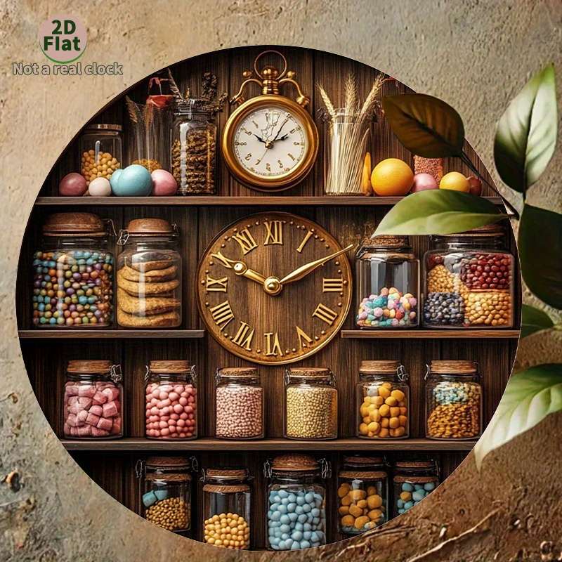 1pc 2D Flat Vintage Kitchen Wall Clock with Wooden Shelf Glass Jar Display 2D Flat Not real clock