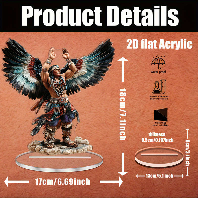 1pc 2D Flat  Acrylic Native American Warrior Figure with Vibrant Feathered Wings Inspirational Boh