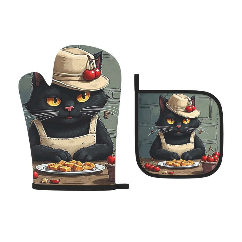 2pcs 26.92x17.02 cm Oven Mitts And Potholders Kitchen Style Black Cat Artistic Style Heat Resis
