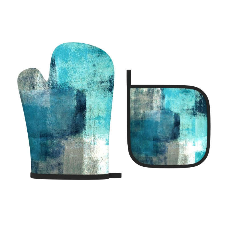 2pcs Heat-Resistant Oven Mitts Pot Holders 26.92x17.02 cm Blurred Blue White Pattern Dur