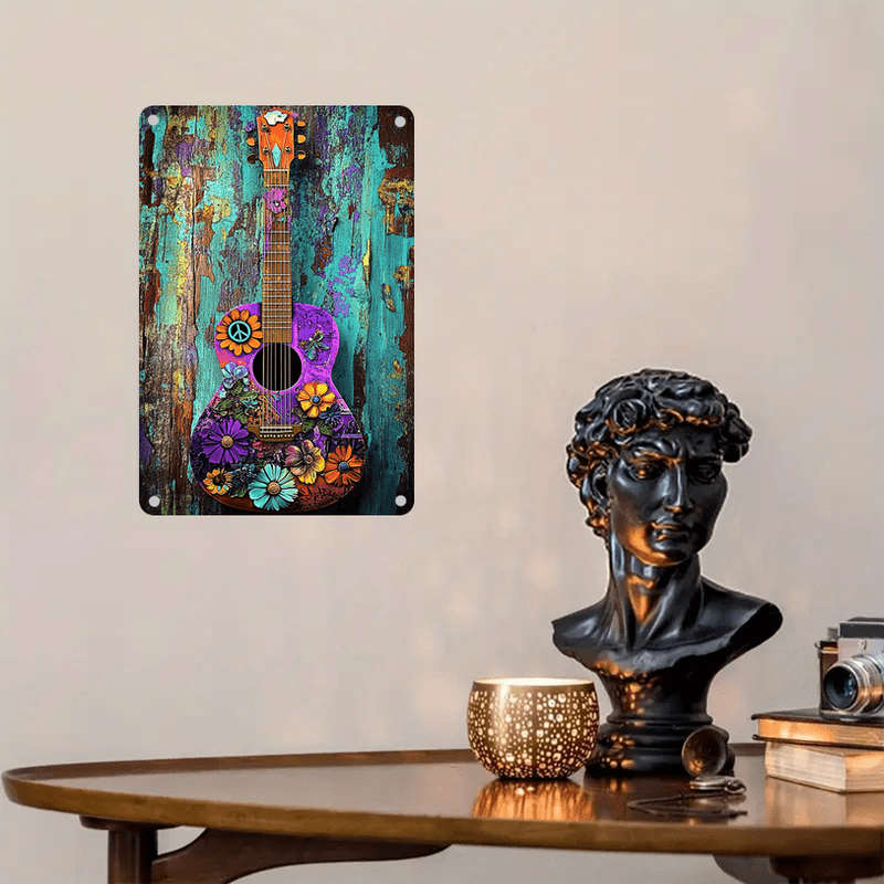 1pc  Vibrant Guitar Metal Wall Art Colorful Flowers Peace Sign Design Frameless Ideal for