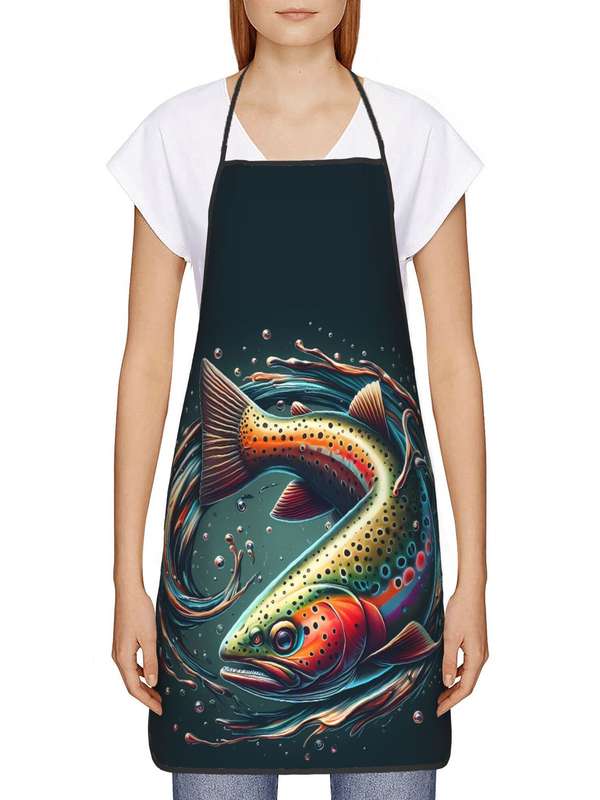 1pc BIIHUDU Vintage Bass Fish Print Apron Colorful Retro Design Durable Polyester Fabric Adjust