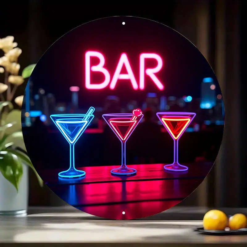 1pc Vintage Metal Sign Retro Neon Cocktail Glasses City Skyline in Background Vibrant Colors Dark Ur